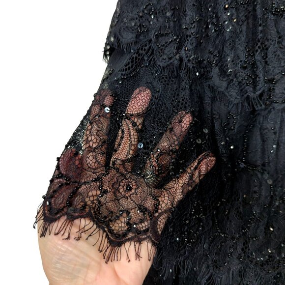 Mary Bays Black Beaded Lace black Skirt Sz 4 Tiered Fringe Hem Party Evening - Picture 3 of 10